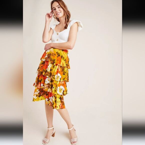Anthropologie Mavis Tiered Floral Midi Skirt Yellow & Orange Size 4 - Picture 13 of 13
